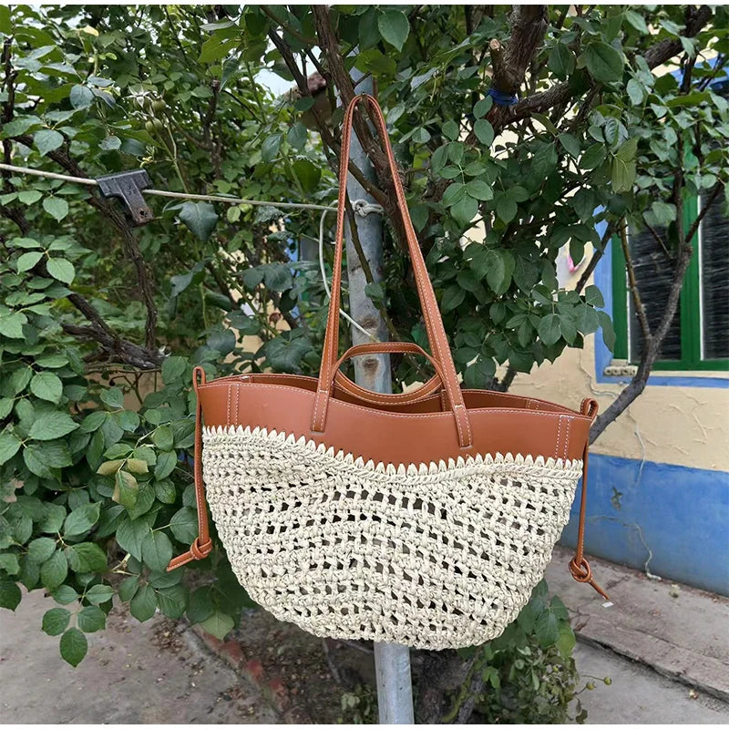 Women Straw 2in1 Woven Bag Fashion Plush Wings Armpit Bag Large Capacity Dumpling Straw Shoulder Bag For Summer Beach Bucket Bag