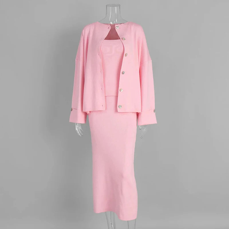 Mode Drei Stück Sets Frauen Outfits Solide Strick Weste Lose Einreiher Langarm Mäntel Winter Chic Maxi Rock Sets