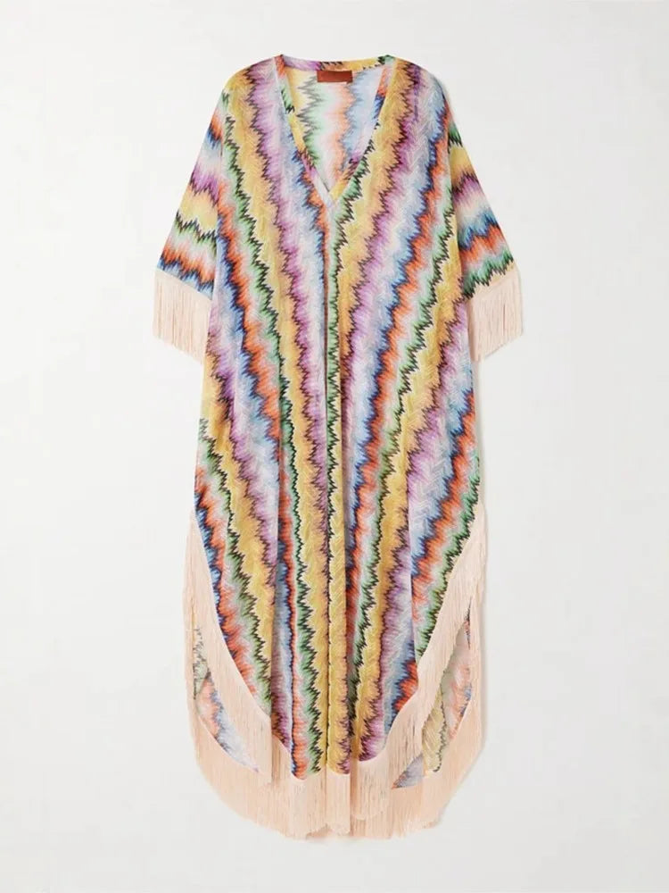 Bohemian Wave Print Long Dresses Women Fashion Casual Vacation Style Irregular V-neck Loose Dress Tassel Patchwork Beach Vestido