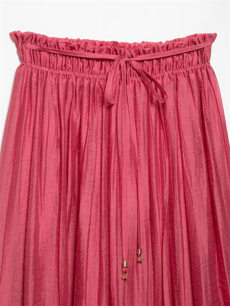 2025 Summer Women Red Folds Shirt Skirts Sets Lace Up Long Sleeves Shirts+High Waist Pleated Skirt Fashion Lady Outfits