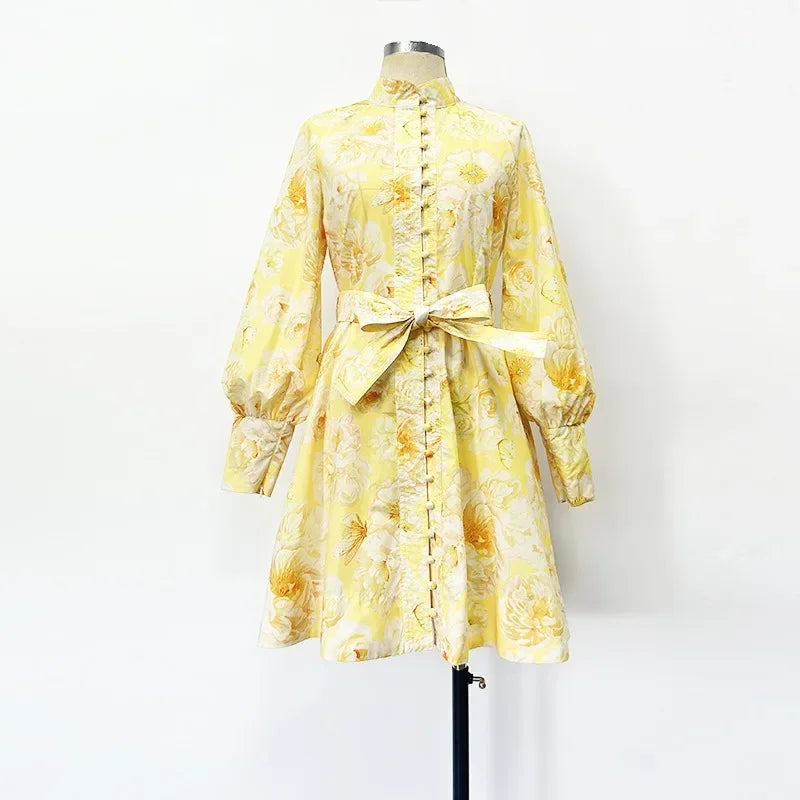 Elegant Floral Print Mini Dress 2025 New Style Stand Collar Single Button Belt Lantern Sleeve Holiday Maxi Skirt Dress
