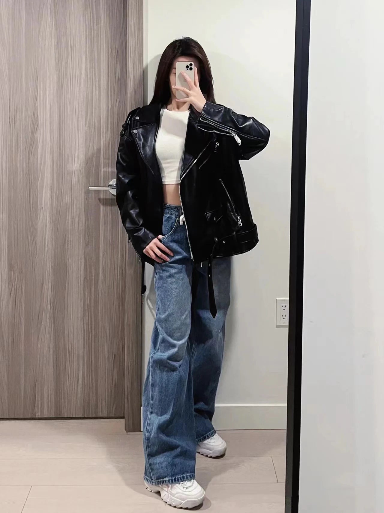 Neue 2025, Damen-Motorrad-Leder, PU-Kunstleder, lockere Jacke, schwarze Jacke