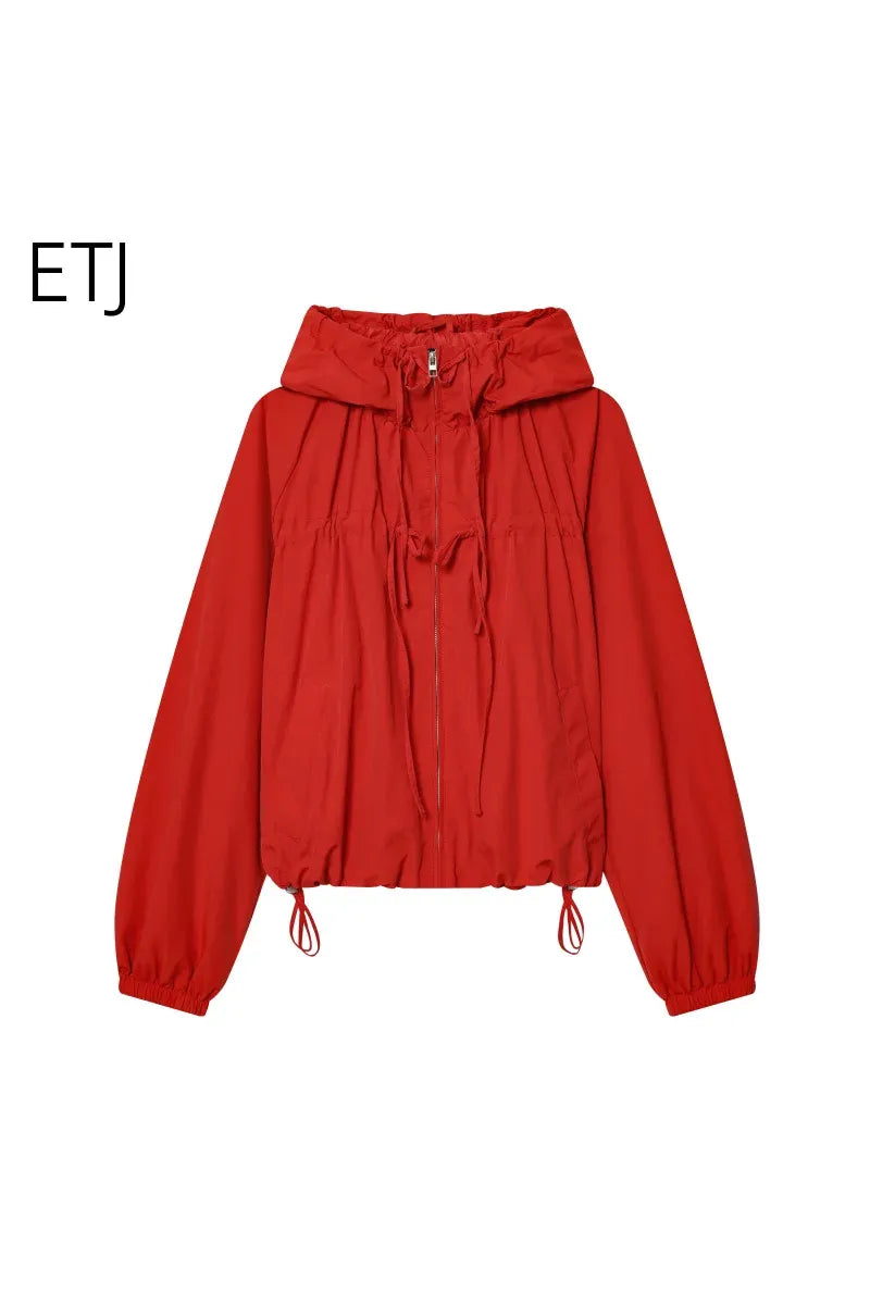 ETJ Damenjacke mit Kapuze und Kordelzug sowie elastischen Bündchen und Saum – Roter, übergroßer Kurzmantel mit Blasenärmeln