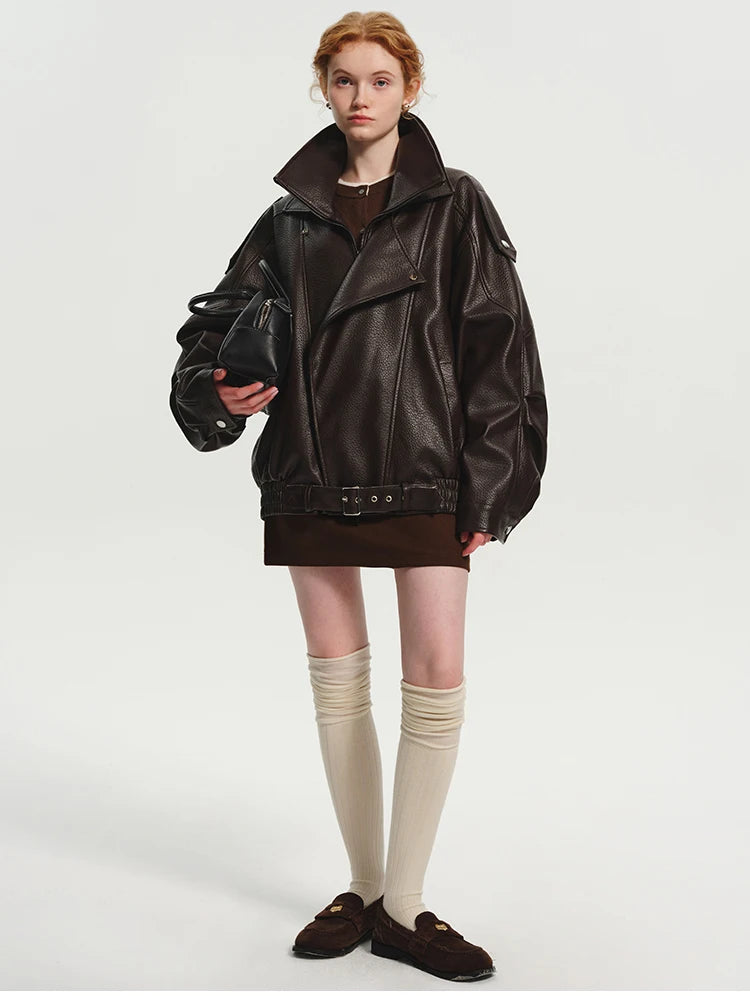 Lautaro Frühling Herbst Kühle Braun Übergroße Pu Leder Jacke Frauen Langarm Zip Up Luxus Designer Amerikanische Retro Kleidung