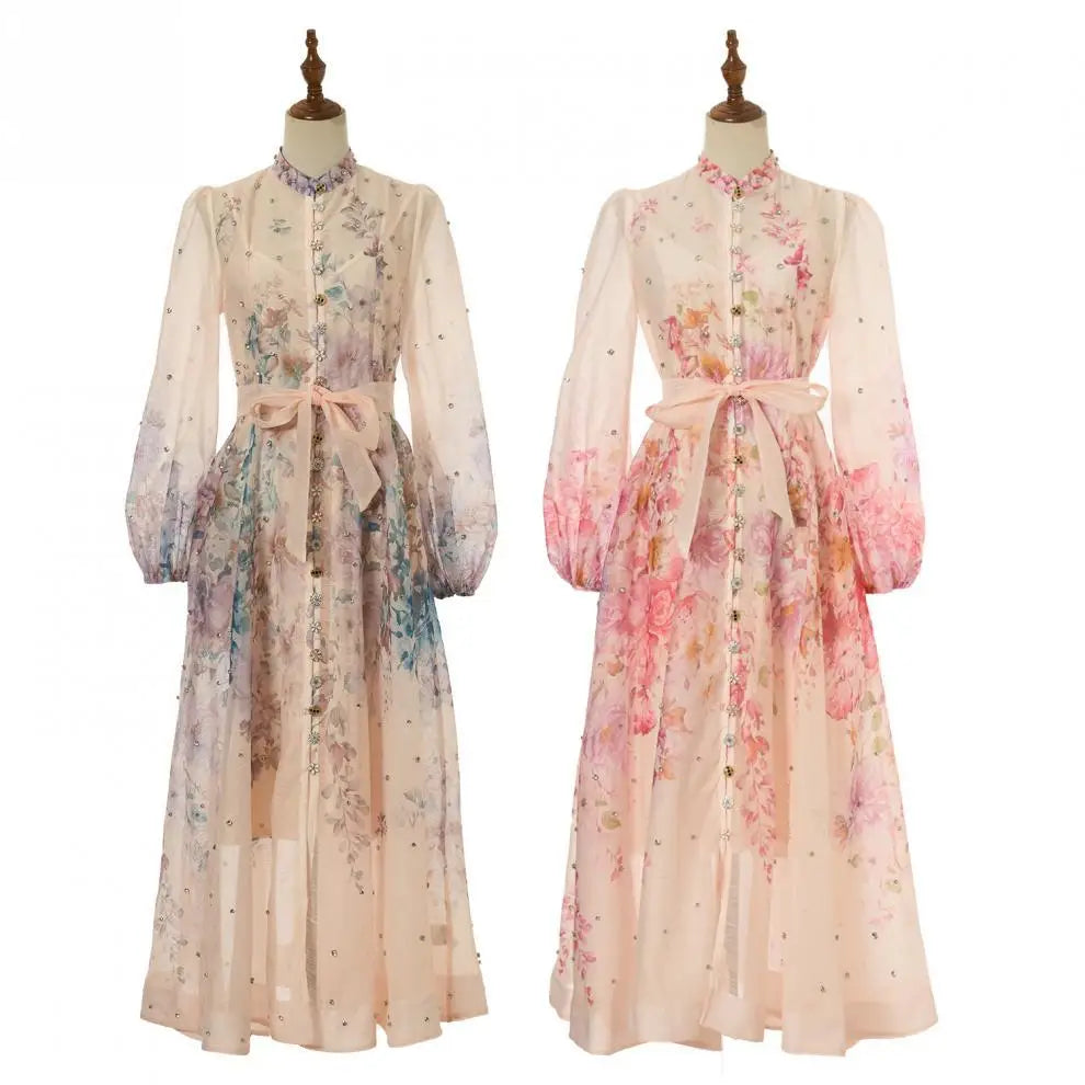 Spring Summer 2026 New Style Long Skirt Dress Women's Maxi Dress Diamond Floral Print High Waist Long Sleeve Street Style Ele...
