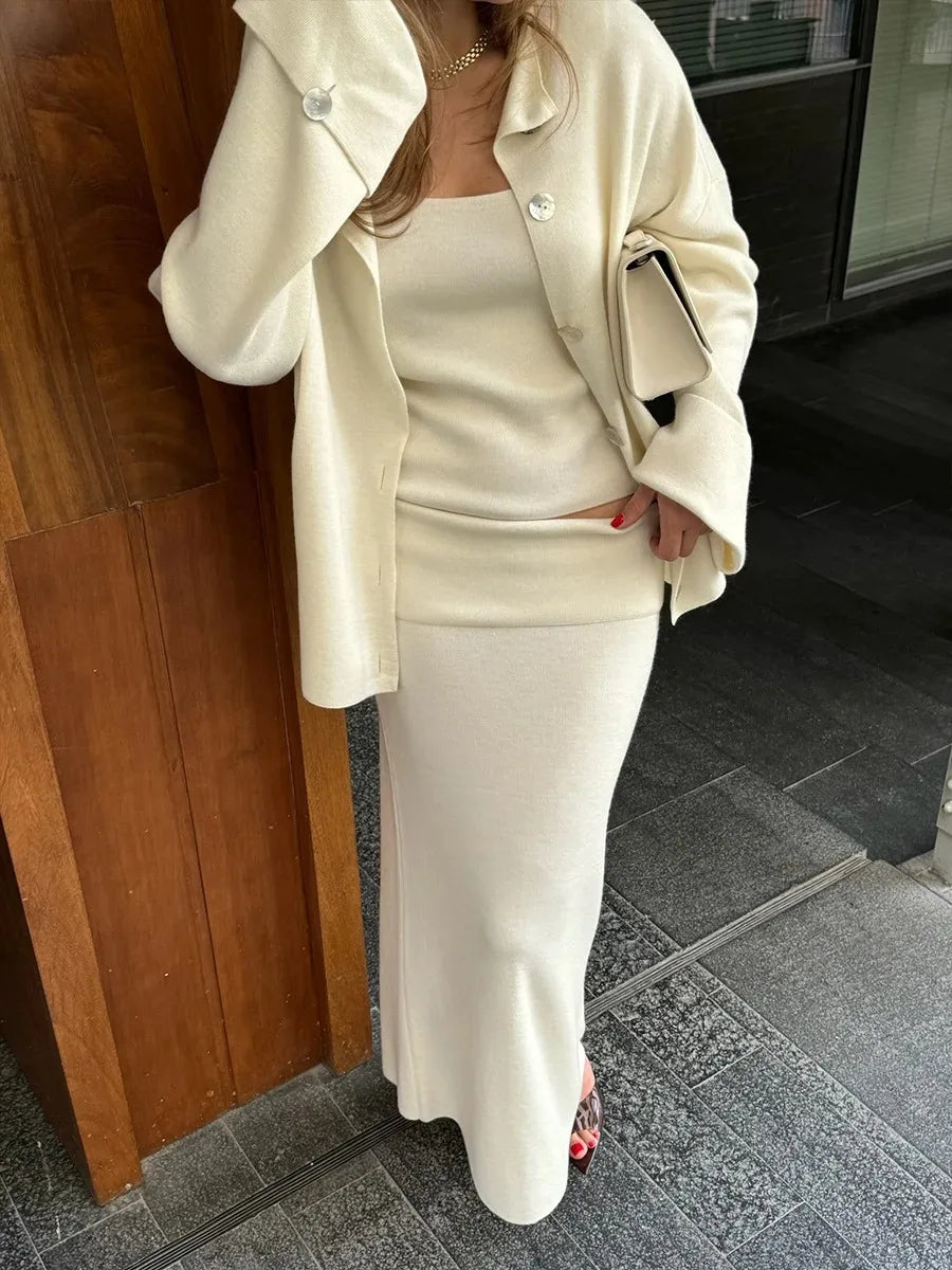 Mode Drei Stück Sets Frauen Outfits Solide Strick Weste Lose Einreiher Langarm Mäntel Winter Chic Maxi Rock Sets