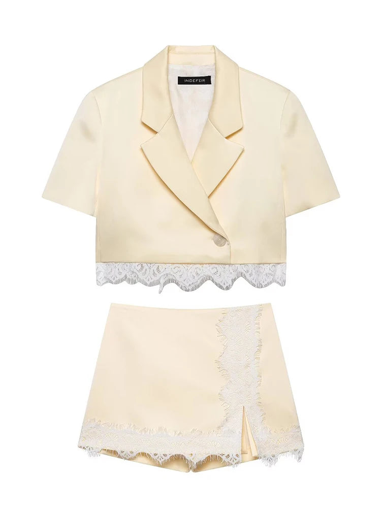 HH Lace Patchwork Culottes Two Piece Set Women's Summer Lace Paneled Short Sleeve Lapel Cropped Blazer+Casual Shorts Skirts