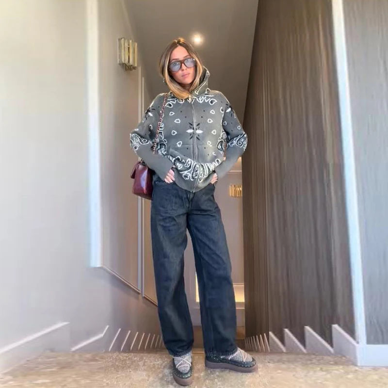 Frauen Gestrickte Getäfelten Pullover drehen-unten Kragen Flare Hülse Reißverschlüsse Mantel Strickjacke Casual Büro Dame Herbst 2025, Pullover