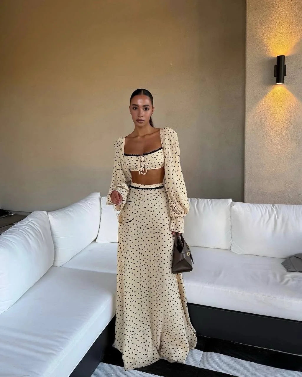 Sexy Polka Dot Tank Top Skirt Women Set Beach Long Lantern Sleeve Tops A-line Trumpet Skirts Suit 2026 Spring Summer Lady Outfit