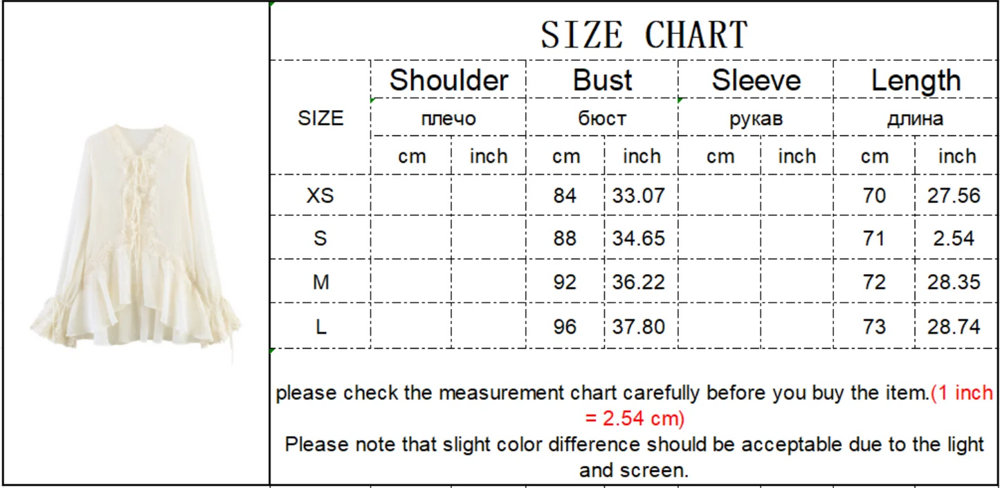 TFMLN New Women Blouse Fashionable Flare Sleeve Lace Spliced Semi-Sheer Cardigan Lace Up Tops Elegant Ruffled V Neck Shirt