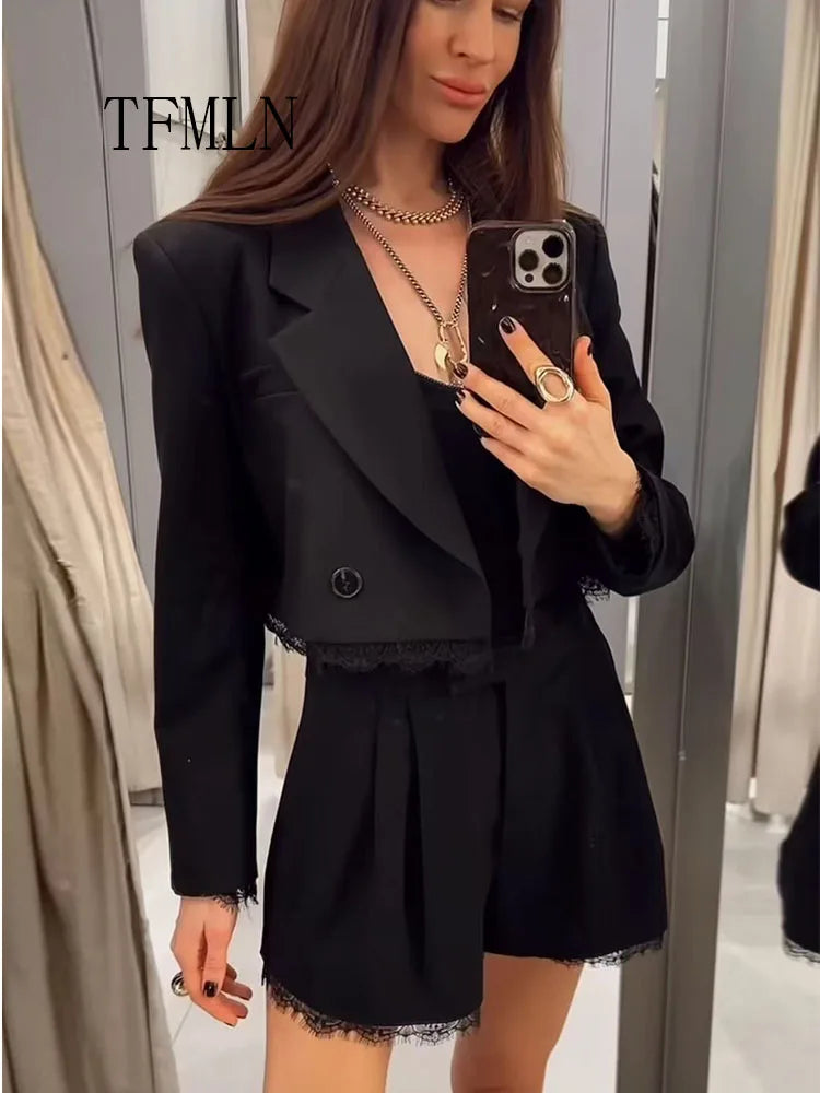Fashion Women Lace Trim Cropped Blazer Shorts Suits Causal Slim Full Sleeve Coats High-waist Short 2026 New Ladies Solid Outwear