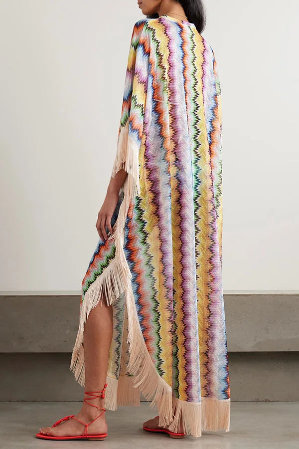 Bohemian Wave Print Long Dresses Women Fashion Casual Vacation Style Irregular V-neck Loose Dress Tassel Patchwork Beach Vestido