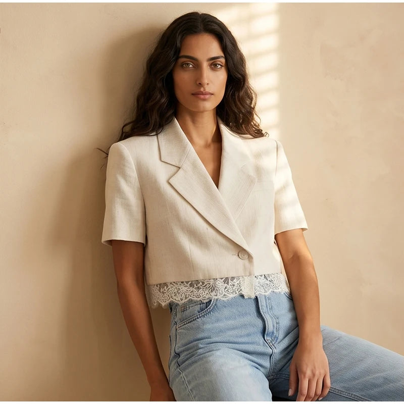 Fashion Lace Patchwork Suit Shorts Two-piece Set Women Lapel Short Sleeved Tops Pockets Pants Suits Summer Office Lady Outfits