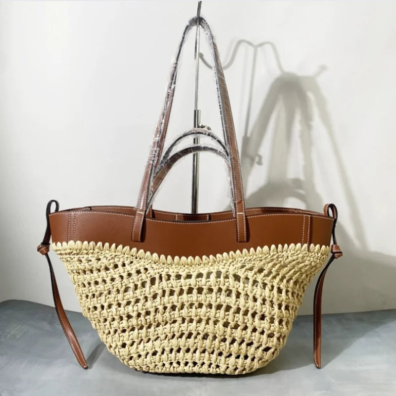 Women Straw 2in1 Woven Bag Fashion Plush Wings Armpit Bag Large Capacity Dumpling Straw Shoulder Bag For Summer Beach Bucket Bag