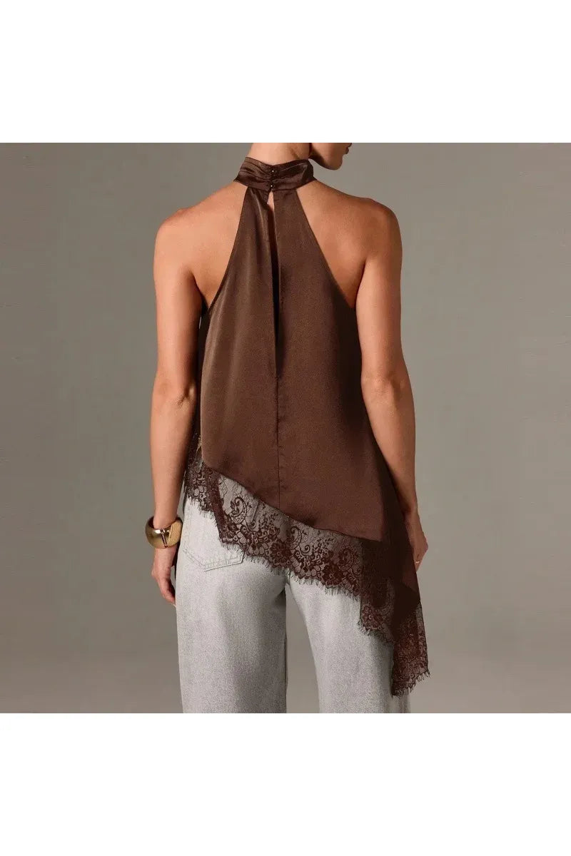 LUNA - Satin Lace Neckholder Top – Elegantes Abend Crop Top