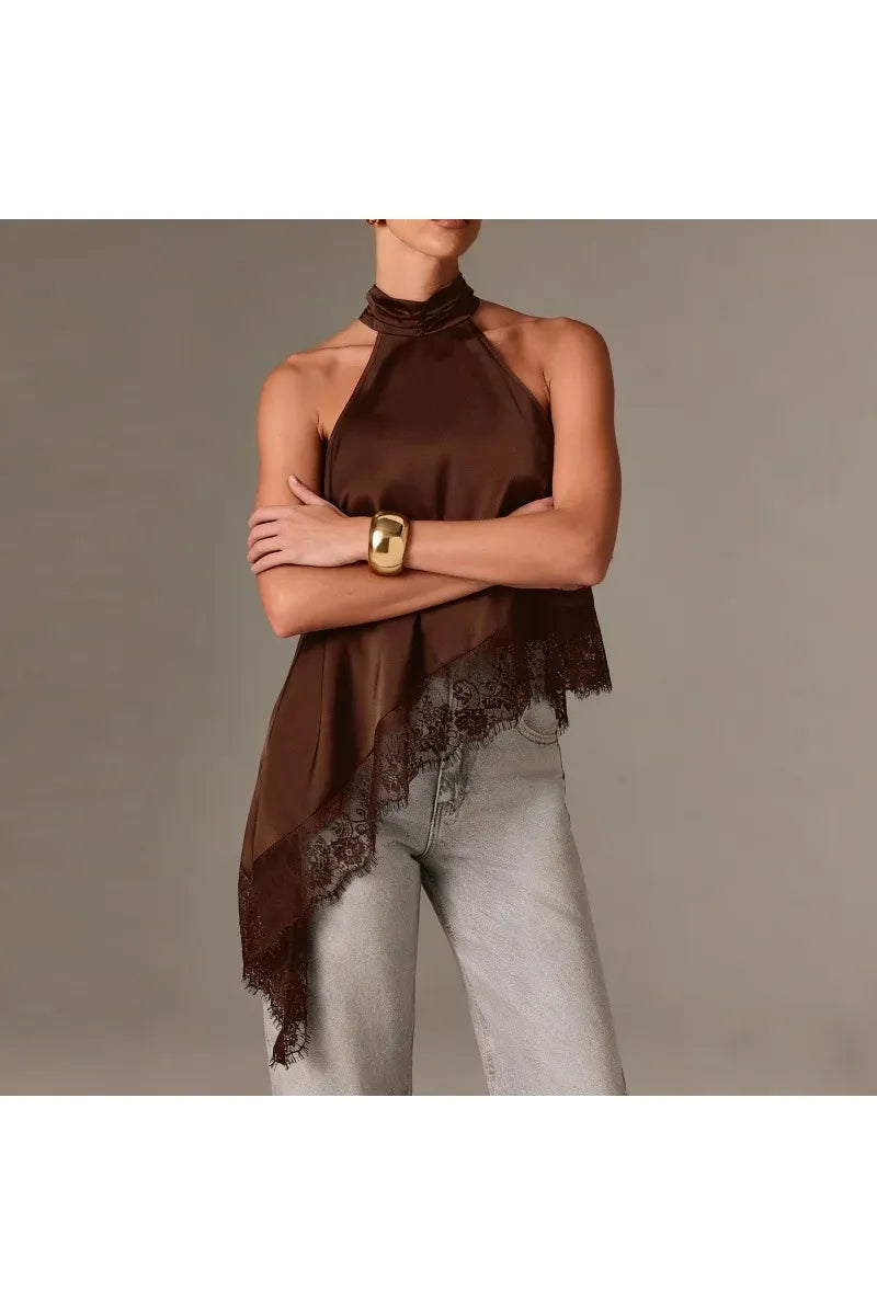 LUNA - Satin Lace Neckholder Top – Elegantes Abend Crop Top