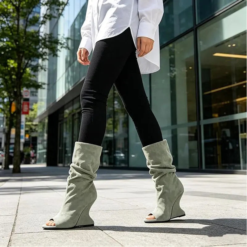 European AndAmerican Hot Girls with Pleated Pile Sleeves,fish Mouth Cool Boots,women's Fashion, Big Tube,sloping Andknight Boots