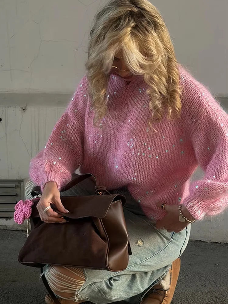 Casual Pailletten Lose Pullover Frauen Volle Hülse Gestrickte Solide Shinny Revers Reißverschlüsse Pullover Weibliche 2026 Frühling Dame Outwears