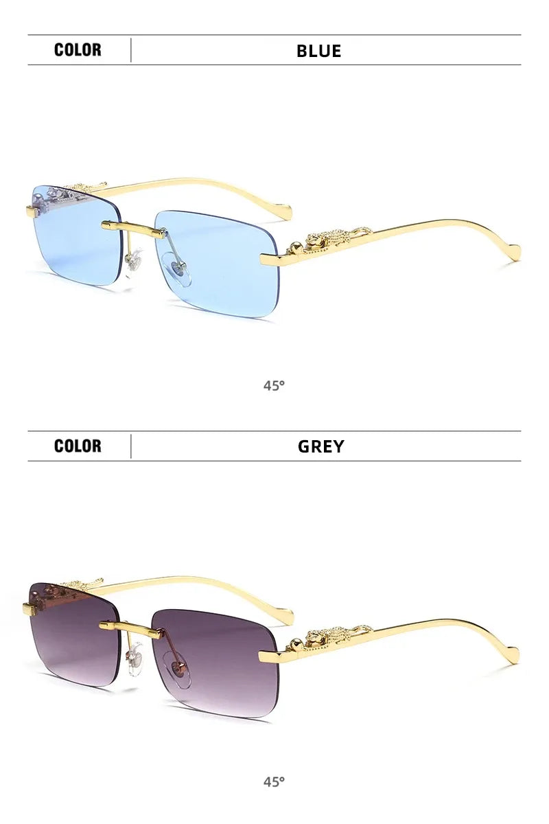 Klassische randlose Sonnenbrille für Herren und Damen, modisch, Leoparden-Dekoration, kleine Sonnenbrille, stilvoll, rahmenlos, zum Fahren, Reisen