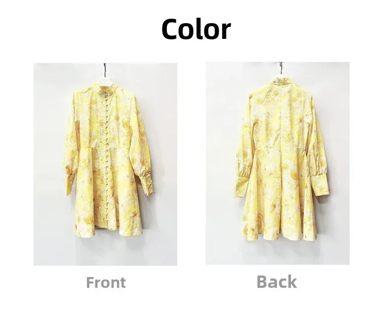 Elegant Floral Print Mini Dress 2025 New Style Stand Collar Single Button Belt Lantern Sleeve Holiday Maxi Skirt Dress