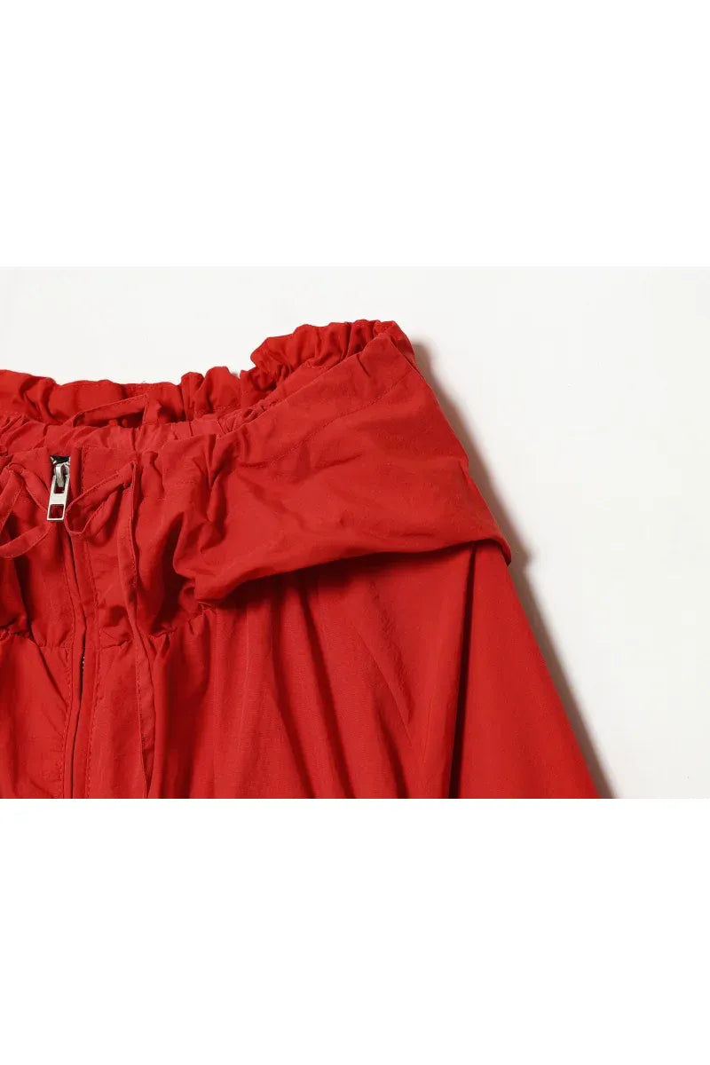 ETJ Damenjacke mit Kapuze und Kordelzug sowie elastischen Bündchen und Saum – Roter, übergroßer Kurzmantel mit Blasenärmeln