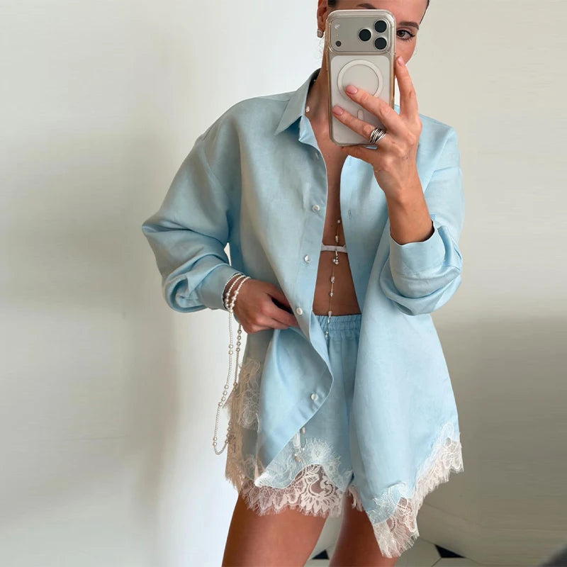 Strandhemden & Shorts Outfits für Damen: Revers, Einreiher, Lange Ärmel, Spitzen-Patchwork-Sets – Frühling/Sommer 2026 Urlaubs-Sets für Frauen