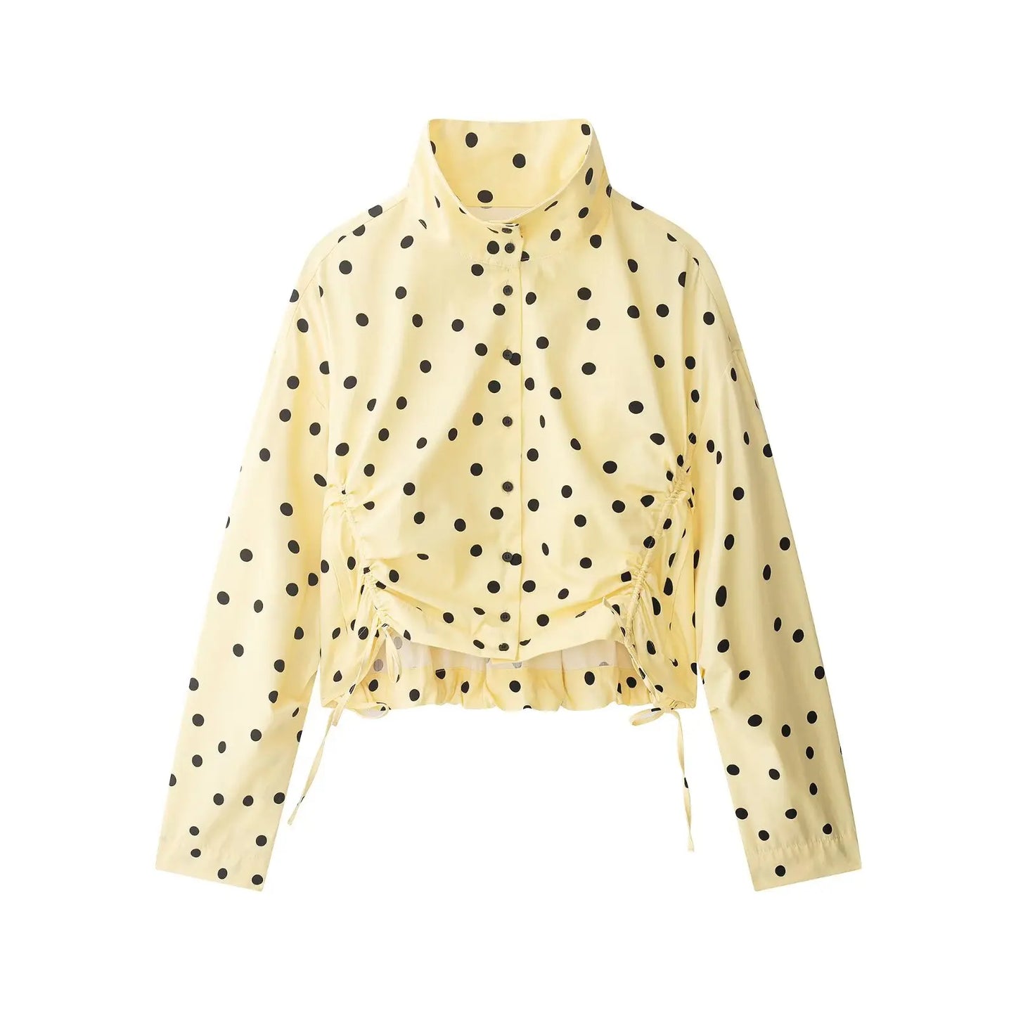 HH 2026 Women 2 Piece Set Long Sleeves Single Breasted Shirring Polka Dot Short Coat+Casual Elastic Waist Balloon Fit Shorts
