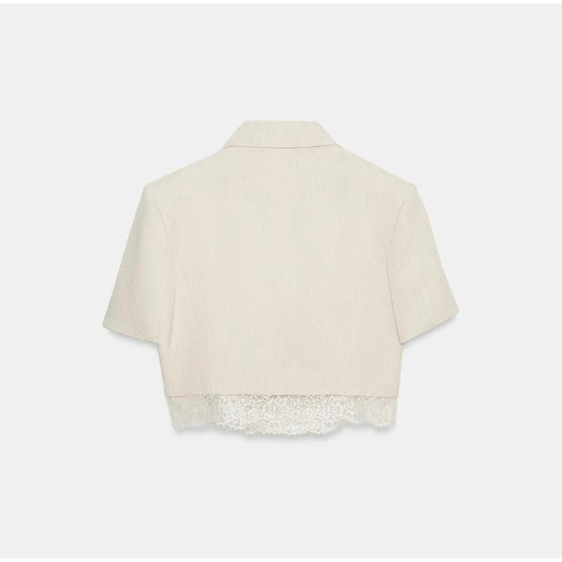 Fashion Lace Patchwork Suit Shorts Two-piece Set Women Lapel Short Sleeved Tops Pockets Pants Suits Summer Office Lady Outfits