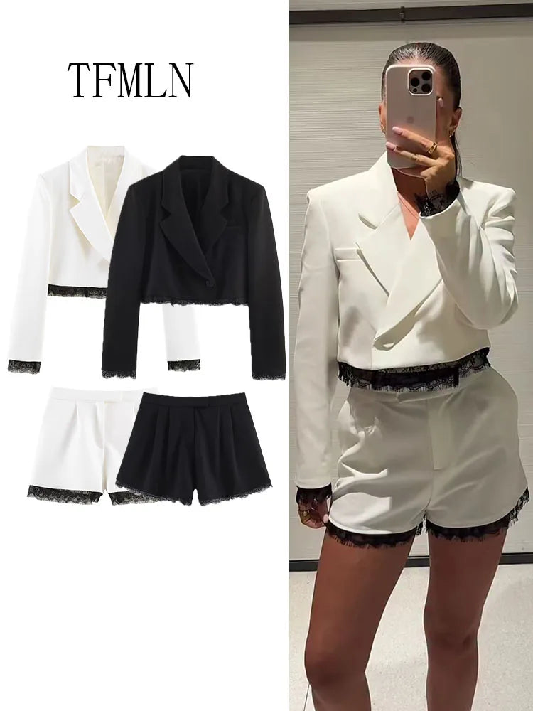 Fashion Women Lace Trim Cropped Blazer Shorts Suits Causal Slim Full Sleeve Coats High-waist Short 2026 New Ladies Solid Outwear