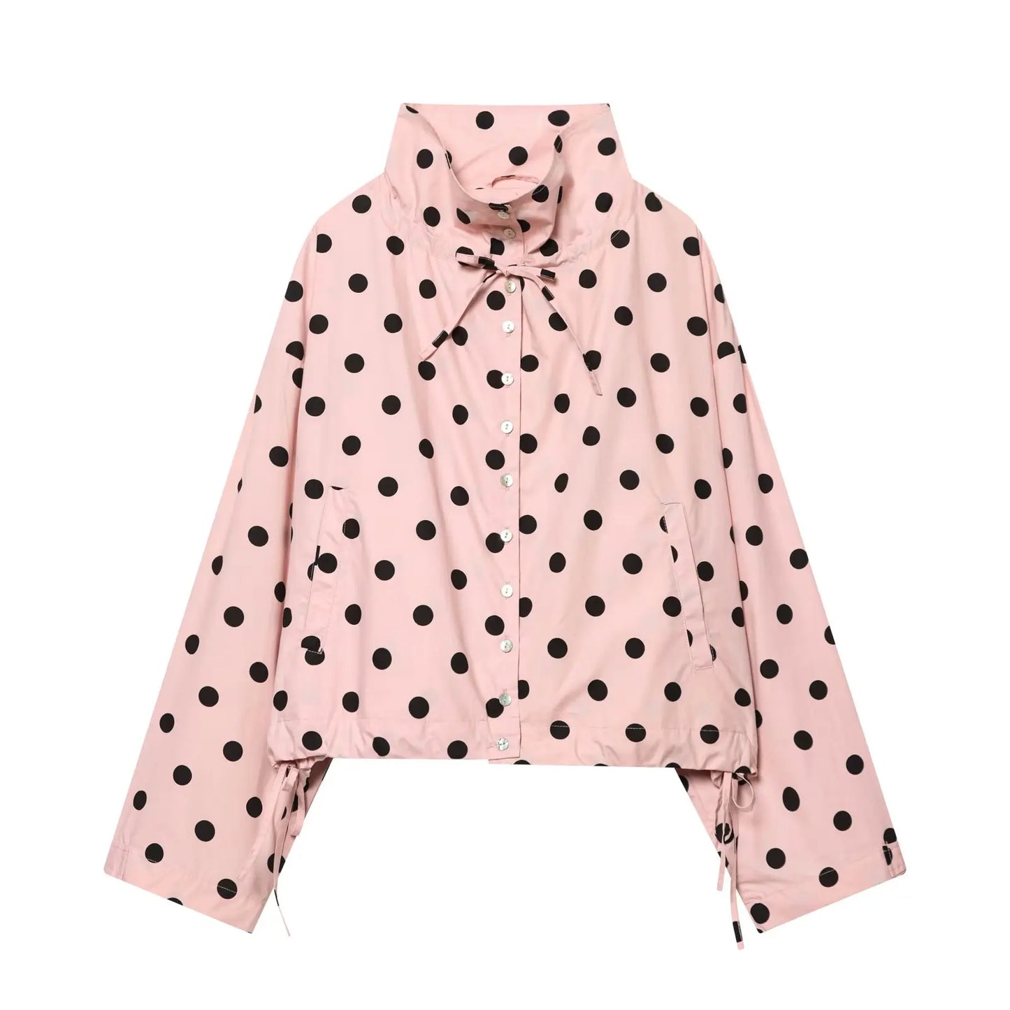 HH Damen Langarm Rosa Gepunktete Jacke Modische Einreihige Hochkragen Kurze Jacke Damen Frühling Lässige High-Street-Jacke