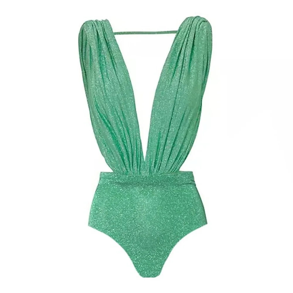 2025 New Swimsuit High-end Niche Design 2Pcs Halter Neck Glitter Fabric Holiday Sexy Hot Spring One Piece Swimsuit for Women