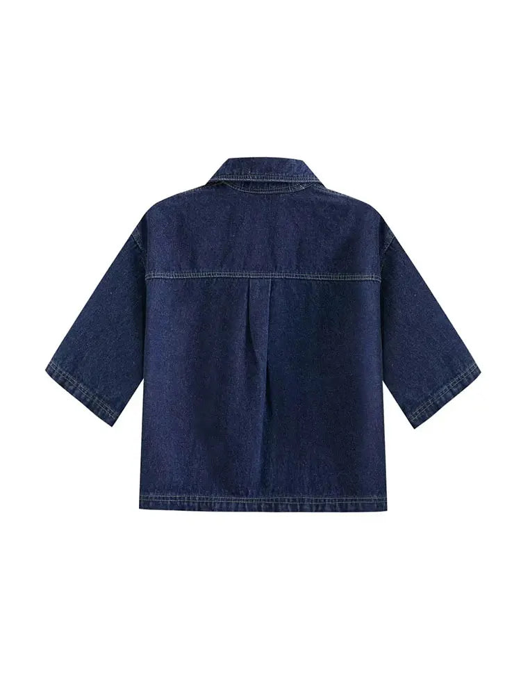 2025 Damenmode Flip Pocket Dekoration Kurzer Flip-Kragen Slim-Fit-Jeansoberteil + asymmetrischer Jeansrock 2-teiliges Set