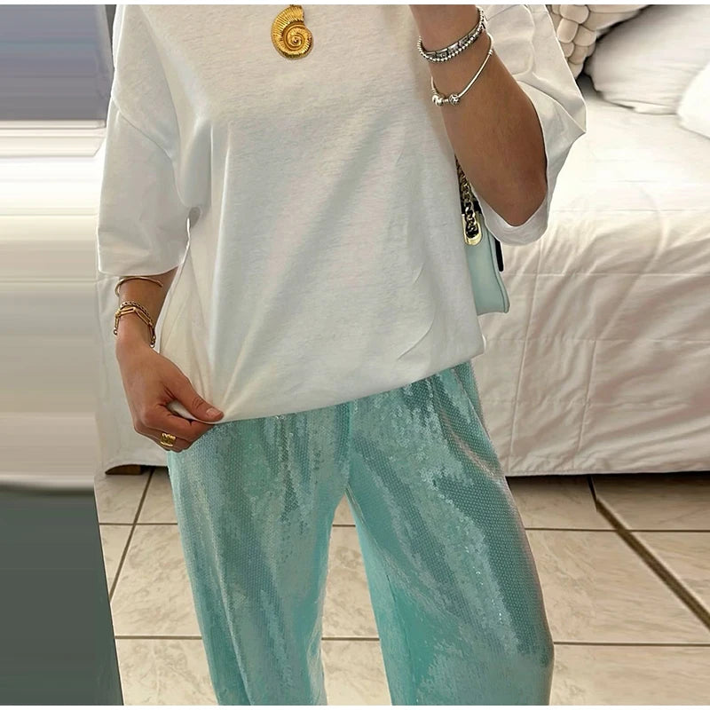 Fashion Sequin Loose Pants Women Solid Drawstring High Waist Wide Leg Trousers Female 2026 Fashion Summer Shinny Bottom Lady