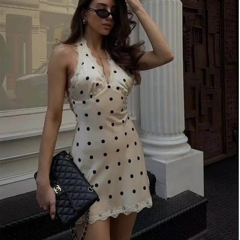 YENKYE Lace Spliced Polka Dot Halter Dress Women Elegant A-line Mini Sexy Backless Dresses Summer Robe 2025
