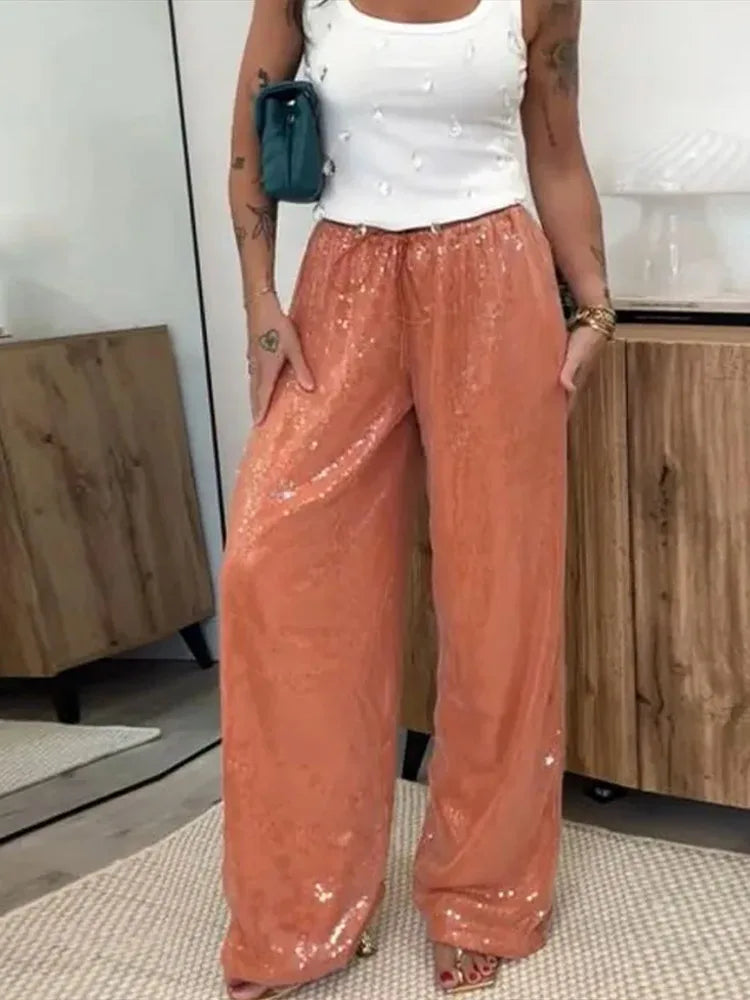 Fashion Sequin Loose Pants Women Solid Drawstring High Waist Wide Leg Trousers Female 2026 Fashion Summer Shinny Bottom Lady