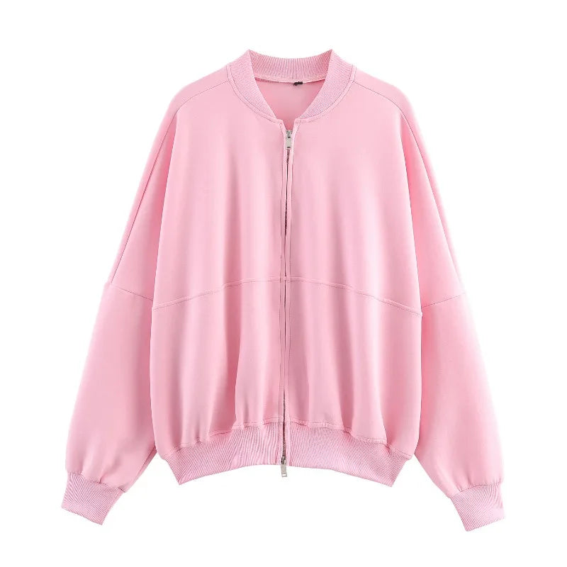 KADUWAKI Herbst Dame Casual Outfit Einfarbig Zipper Up Bomber Jacke Gerippte Borte Ausgestelltes Kordelzug Hose frauen Zwei Stück set