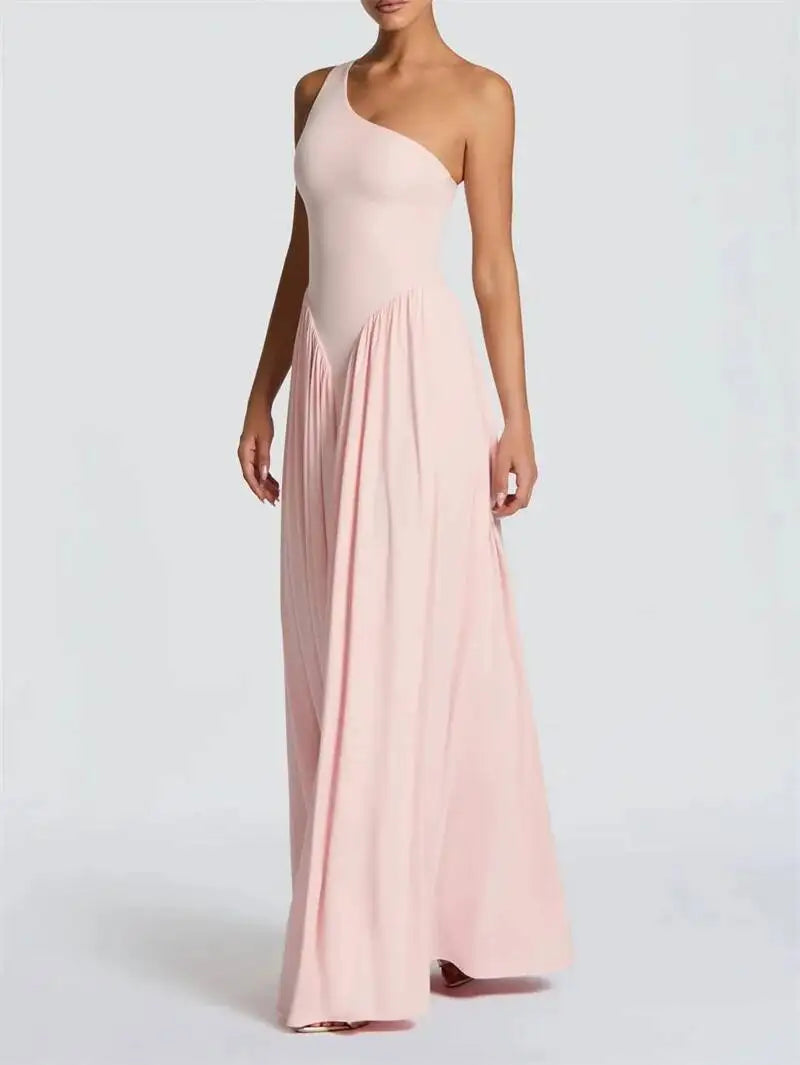 Mozision One Shoulder Backless Sexy Maxi Dress Women Elegant Diagonal Collar Sleeveless Bodycon Pleated Club Party Long Dresses