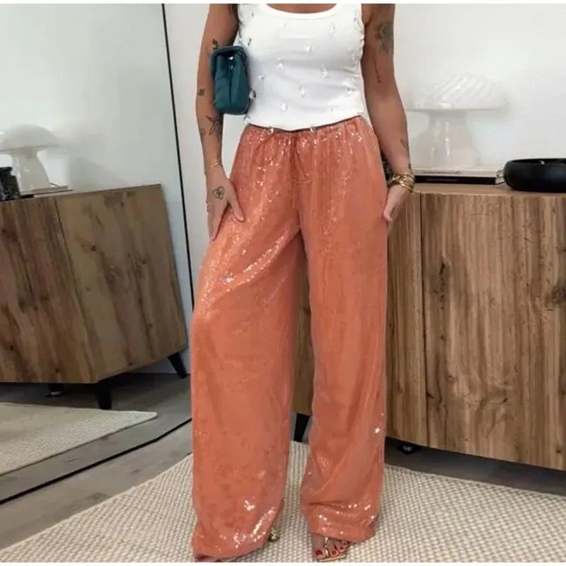 Fashion Sequin Loose Pants Women Solid Drawstring High Waist Wide Leg Trousers Female 2026 Fashion Summer Shinny Bottom Lady