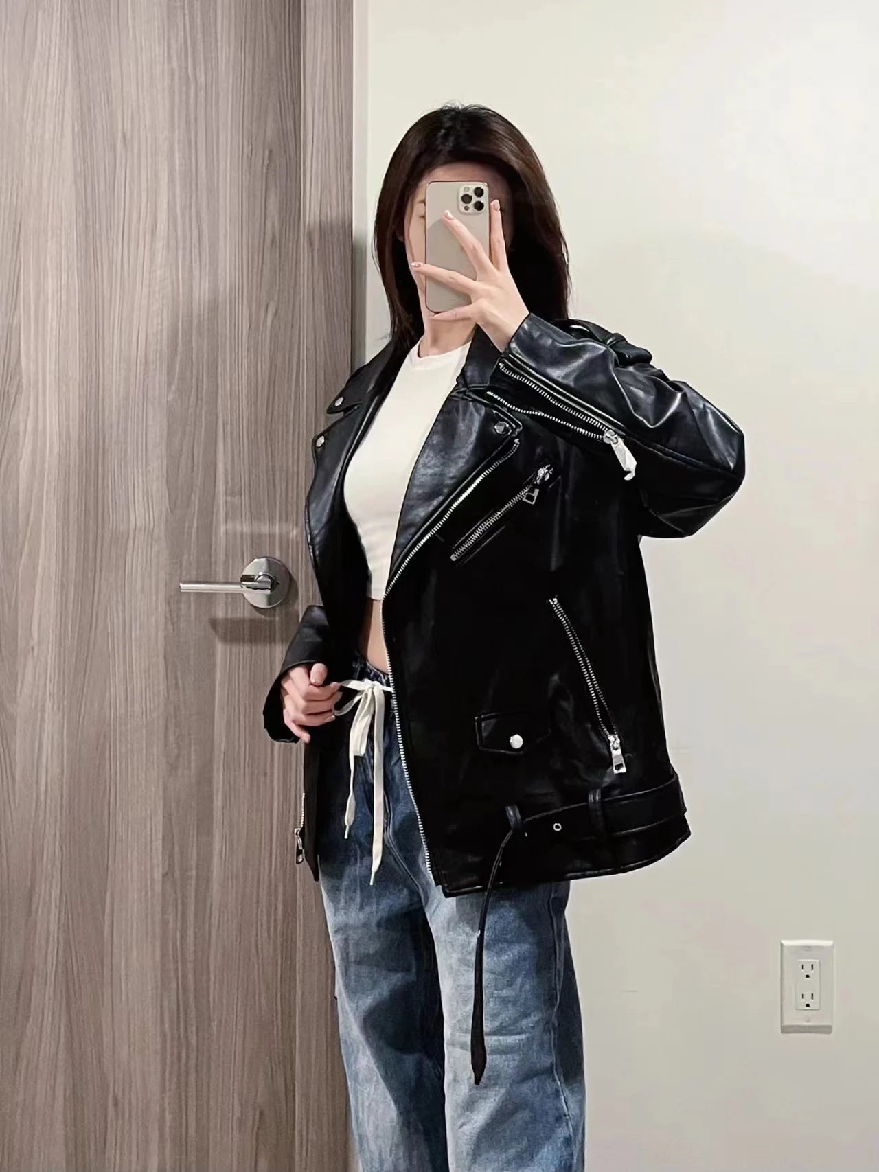 Neue 2025, Damen-Motorrad-Leder, PU-Kunstleder, lockere Jacke, schwarze Jacke