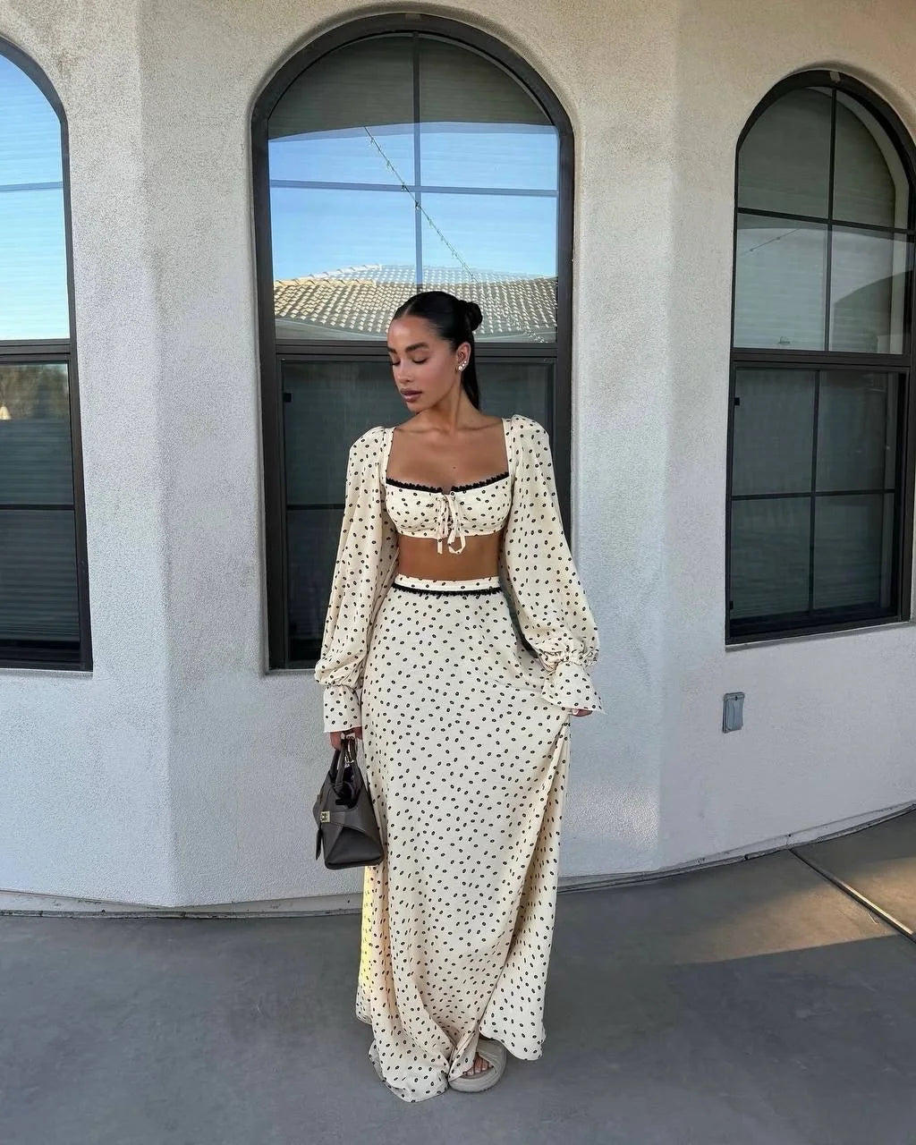Sexy Polka Dot Tank Top Skirt Women Set Beach Long Lantern Sleeve Tops A-line Trumpet Skirts Suit 2026 Spring Summer Lady Outfit