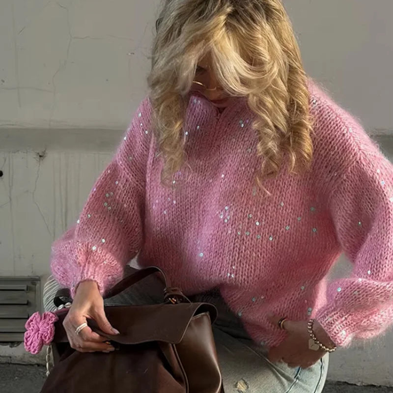 Casual Pailletten Lose Pullover Frauen Volle Hülse Gestrickte Solide Shinny Revers Reißverschlüsse Pullover Weibliche 2026 Frühling Dame Outwears