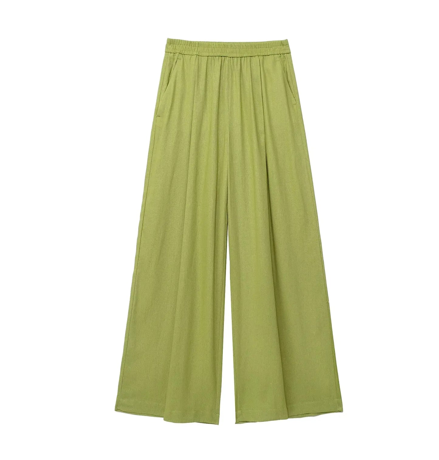 HH 2025 Damen 2-teiliges Set, elastische Taille, Taschenfalten, verziert breite Beinhosen + solides einreihiges Blusenoberteil mit Schlitz am Saum