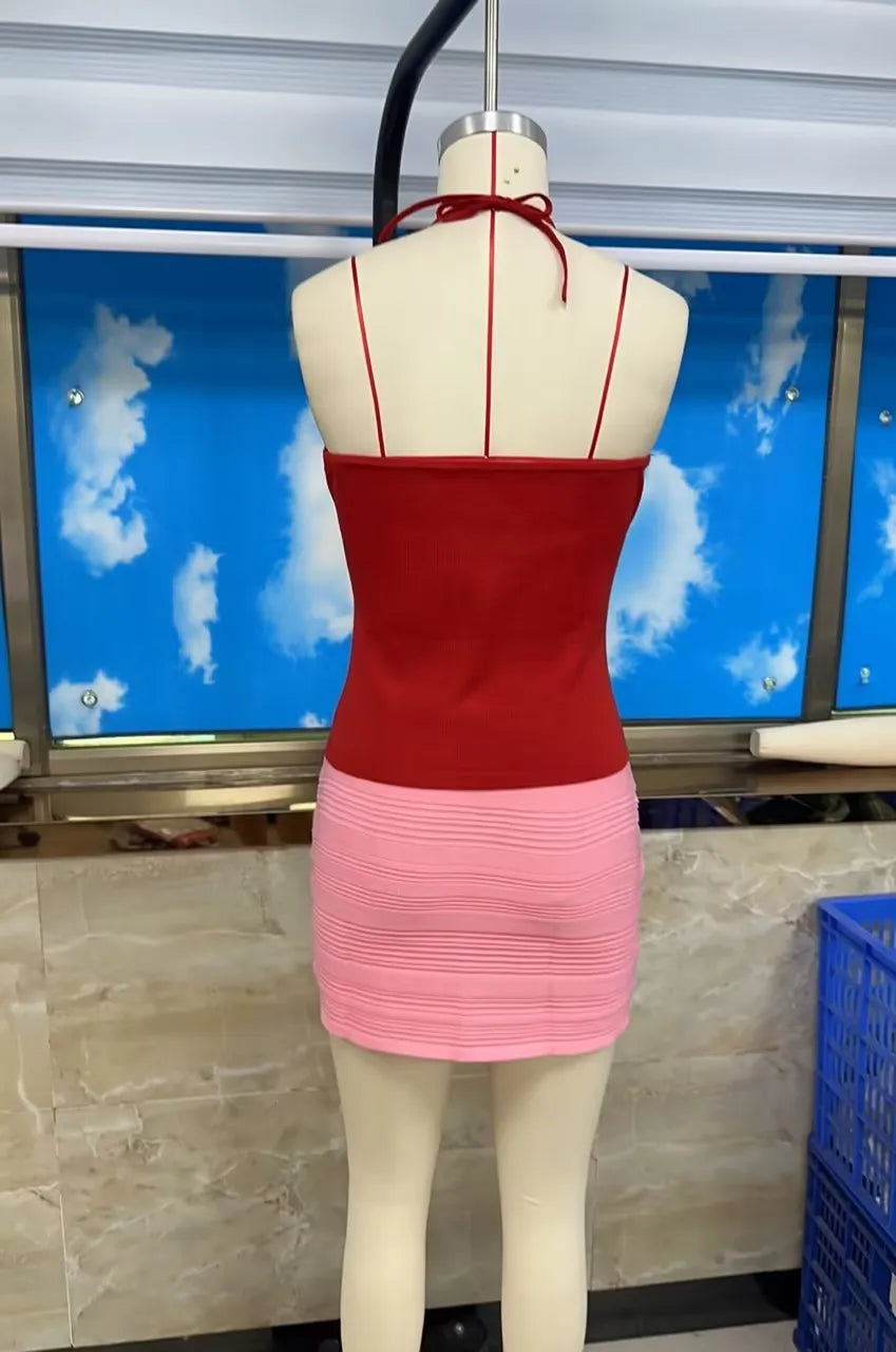 hirigin Women's Halter Neck Sleeveless Knit Crop Top and Ruched Mini Skirt 2 Piece Outfit Slim Fit Bodycon Summer Y2K Co-ord Set