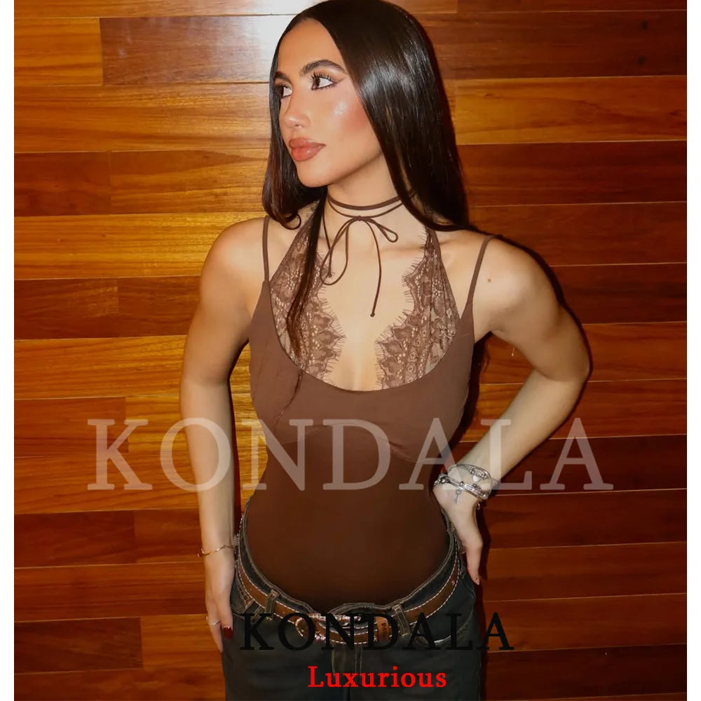 KONDALA Trendy Party Sexy Women Jumpsuit Patchwork Lace Halter Backless Bodysuit New Fashion 2026 Spring Summer Holiday Jumpsuit