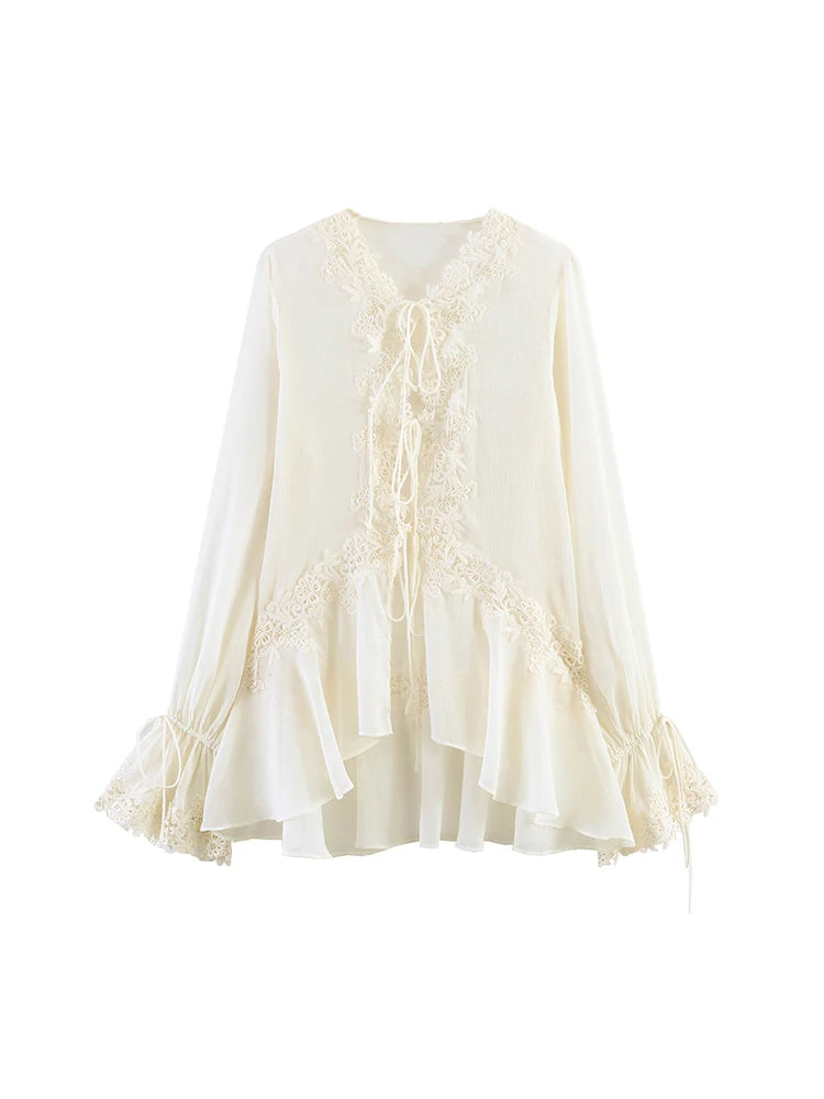 TFMLN New Women Blouse Fashionable Flare Sleeve Lace Spliced Semi-Sheer Cardigan Lace Up Tops Elegant Ruffled V Neck Shirt