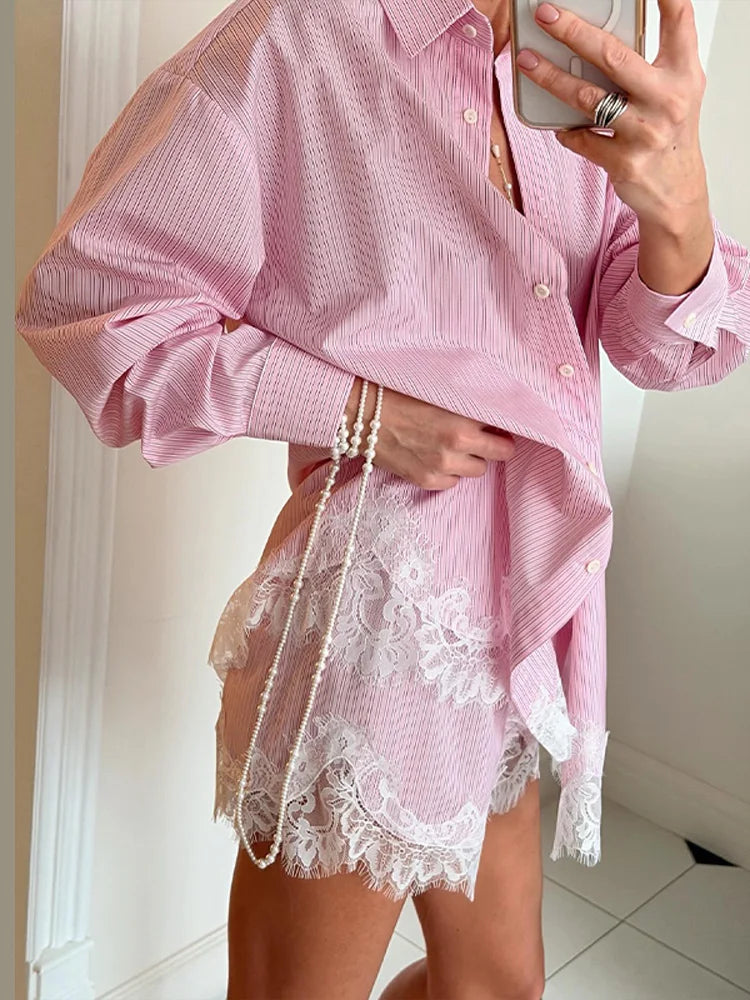 Strandhemden & Shorts Outfits für Damen: Revers, Einreiher, Lange Ärmel, Spitzen-Patchwork-Sets – Frühling/Sommer 2026 Urlaubs-Sets für Frauen