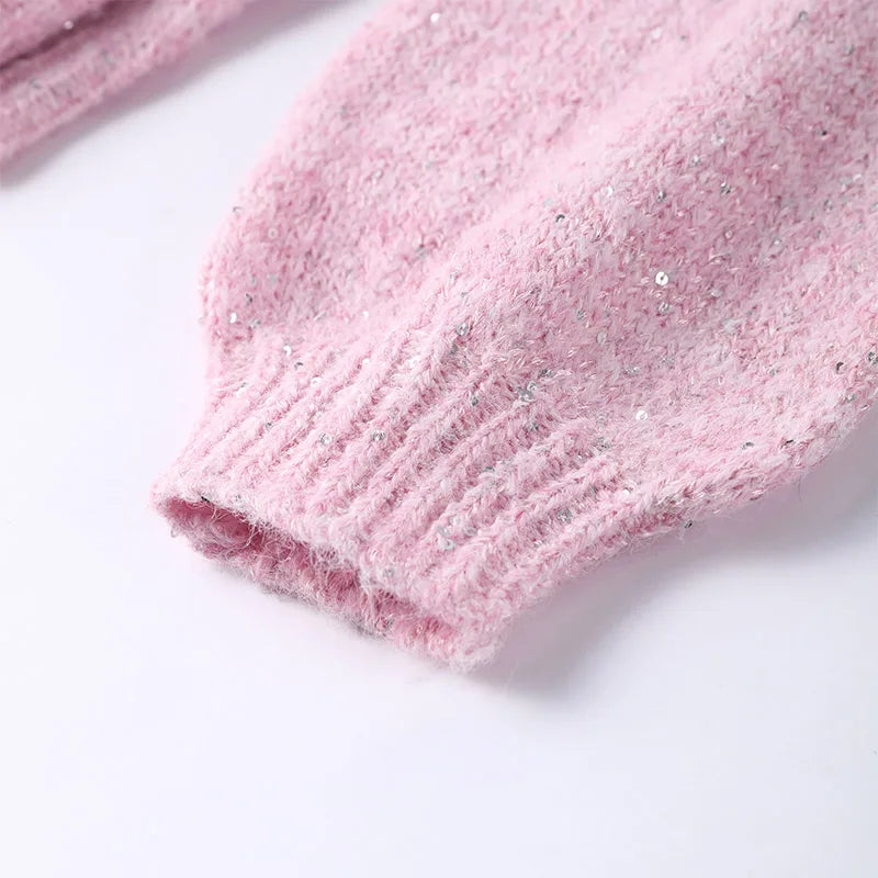 Casual Pailletten Lose Pullover Frauen Volle Hülse Gestrickte Solide Shinny Revers Reißverschlüsse Pullover Weibliche 2026 Frühling Dame Outwears