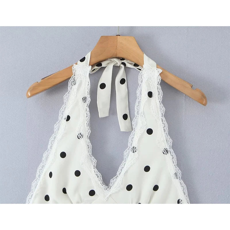 YENKYE Lace Spliced Polka Dot Halter Dress Women Elegant A-line Mini Sexy Backless Dresses Summer Robe 2025