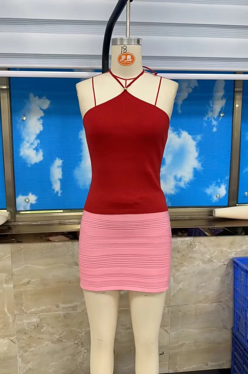 hirigin Women's Halter Neck Sleeveless Knit Crop Top and Ruched Mini Skirt 2 Piece Outfit Slim Fit Bodycon Summer Y2K Co-ord Set