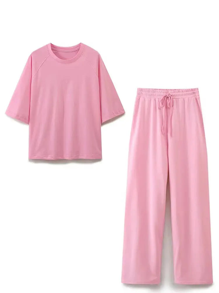 HH Sommer Frauen Casual T-shirt Hose Sets Elegante Rosa O Hals Kurzarm T-Shirt + Kordelzug Lose Hosen Frühling Anzug